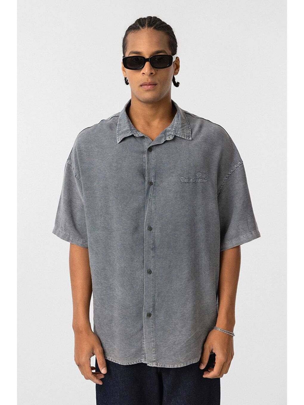 Arka Baskılı Oversize Gömlek Gri-1