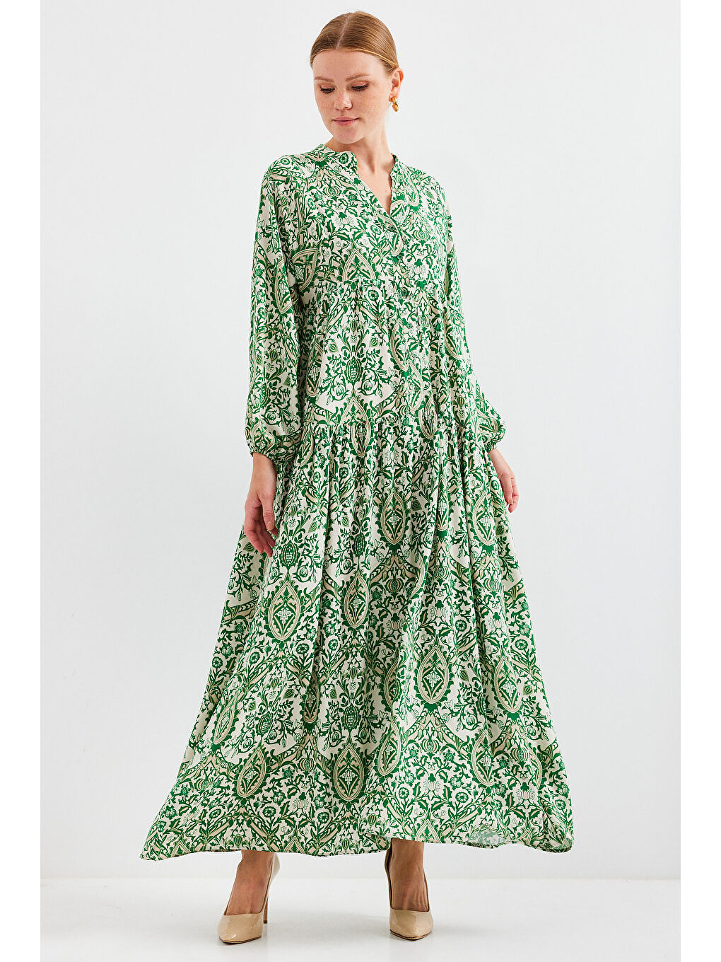 Kadın Desenli Yeşil Krem Viskon Tesettür Elbise 2423