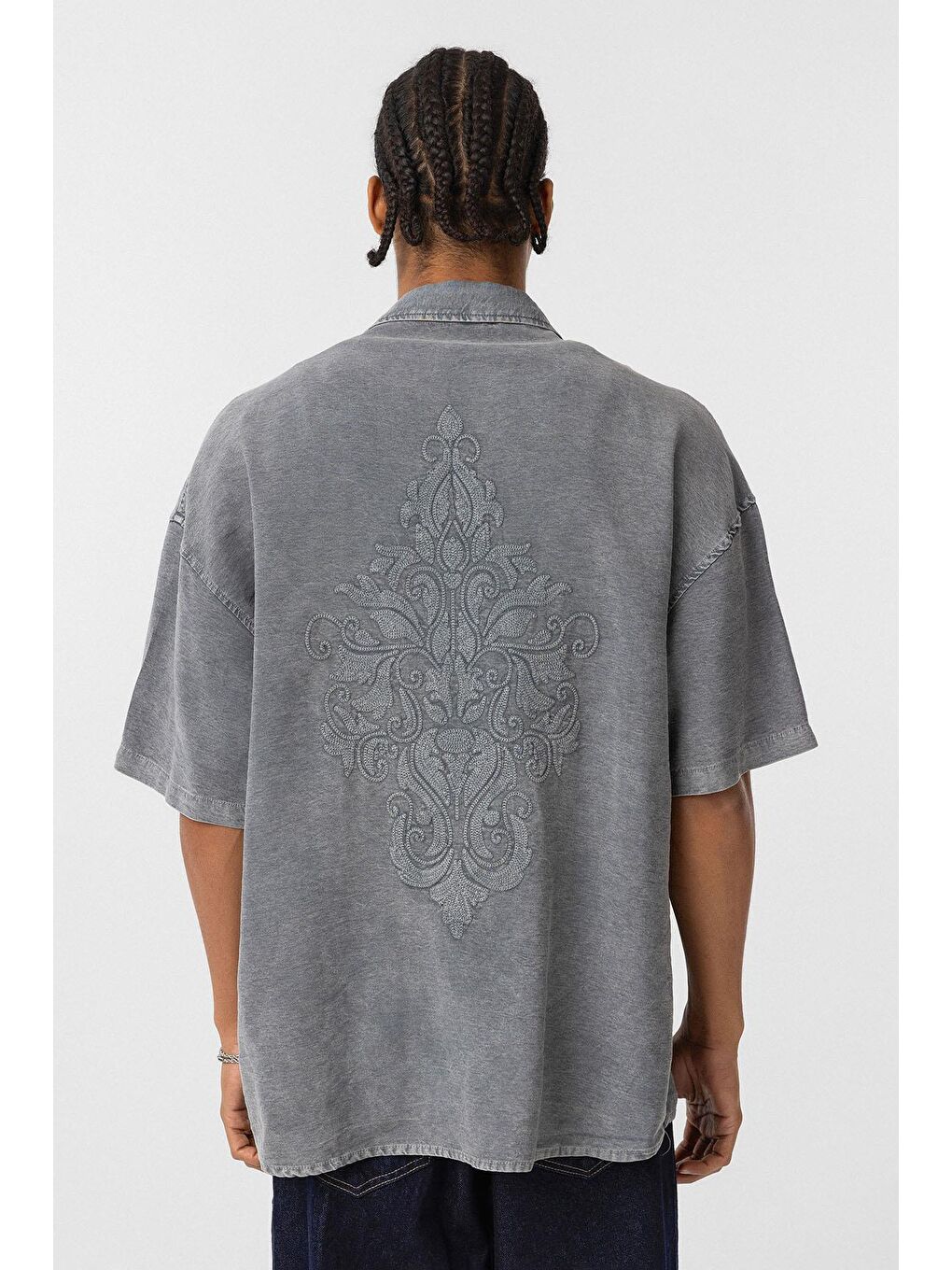 Arka Baskılı Oversize Gömlek Gri-3