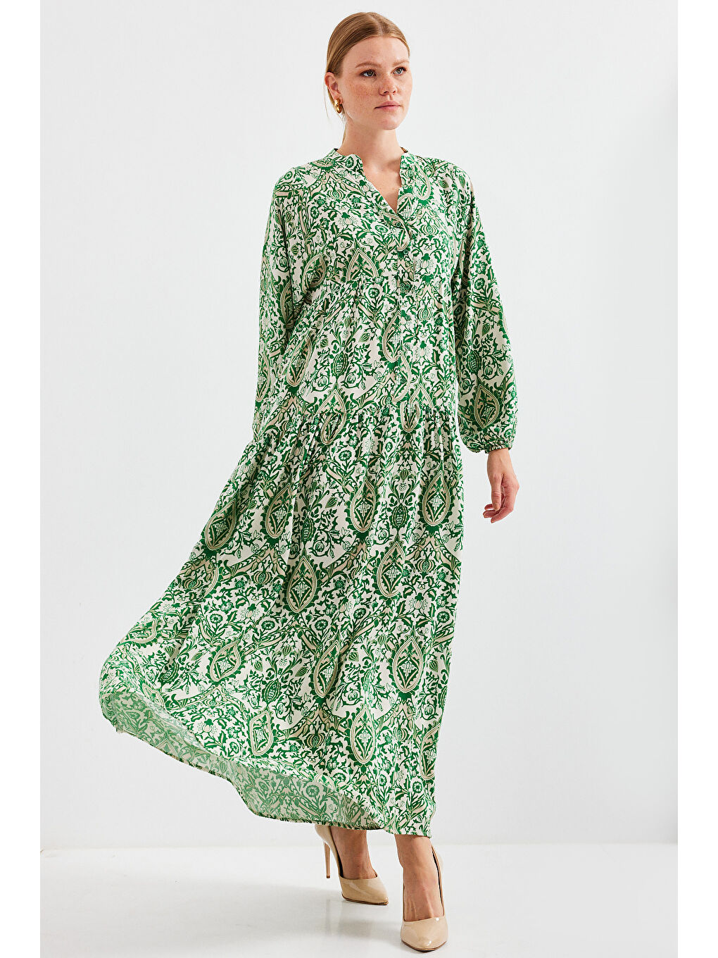 Kadın Desenli Yeşil Krem Viskon Tesettür Elbise 2423-1