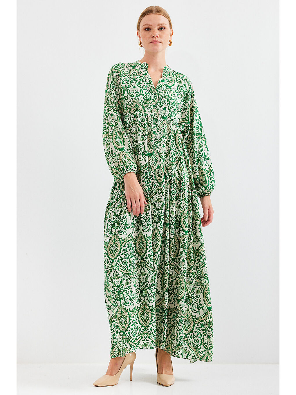 Kadın Desenli Yeşil Krem Viskon Tesettür Elbise 2423-2