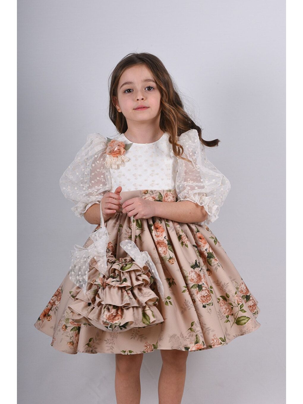 Bej Çanta Aksesuarlı Kız Çocuk Kısa Elbise_M2371-2