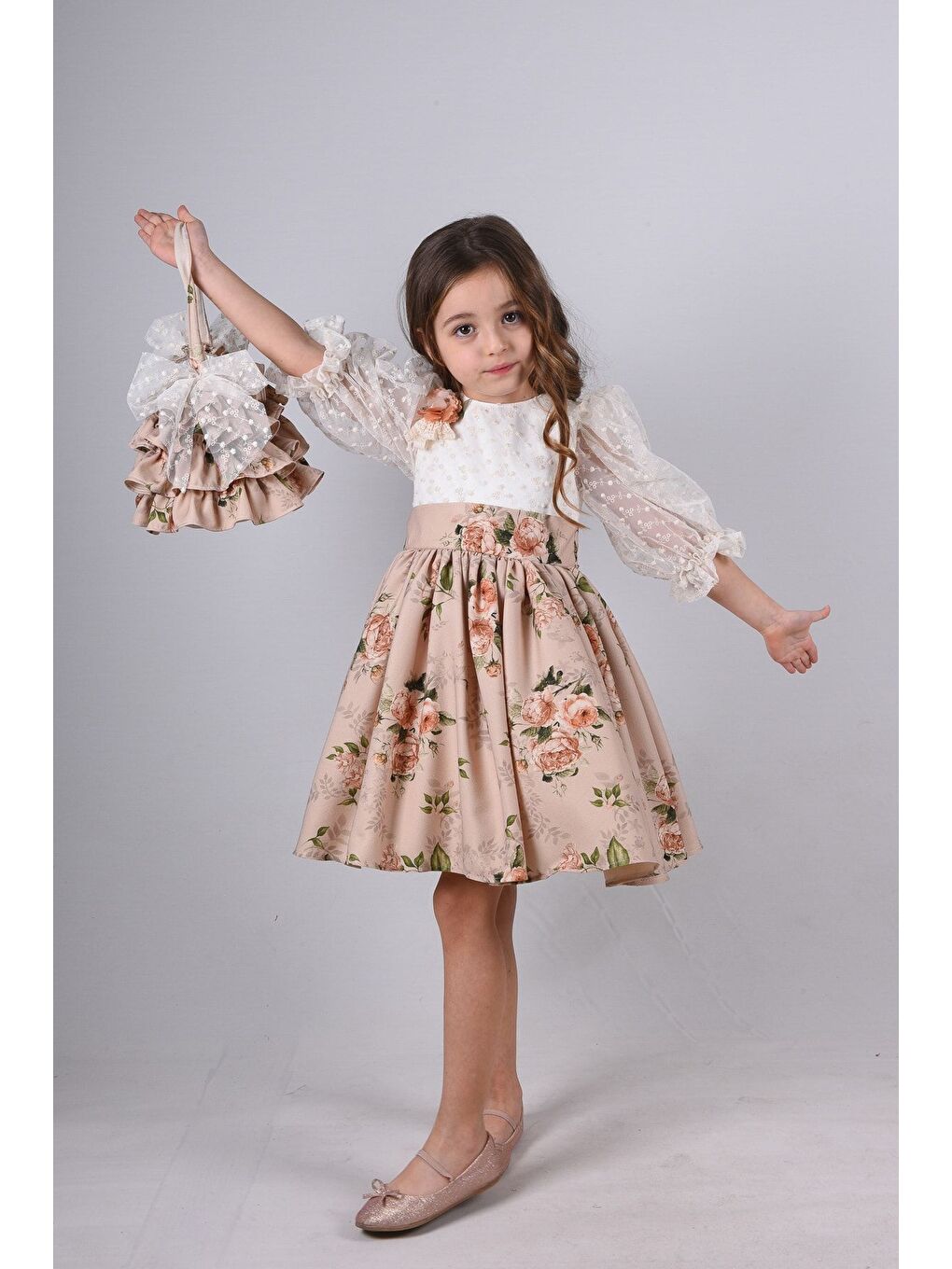 Bej Çanta Aksesuarlı Kız Çocuk Kısa Elbise_M2371-3