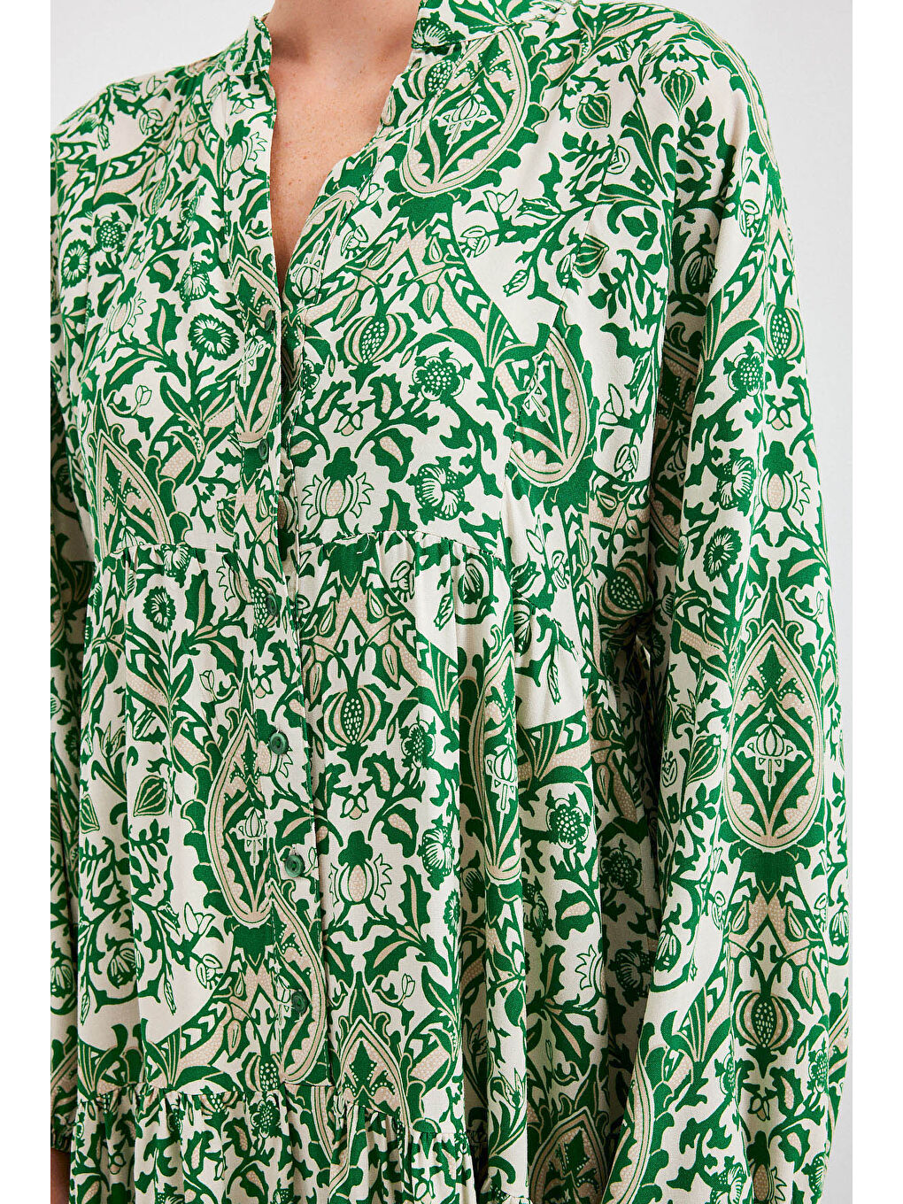 Kadın Desenli Yeşil Krem Viskon Tesettür Elbise 2423-4