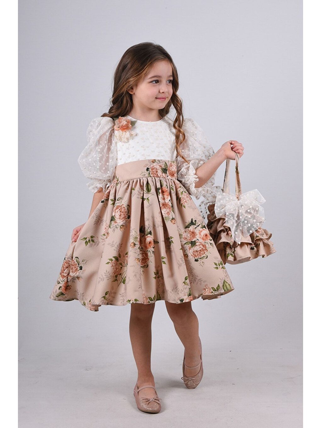 Bej Çanta Aksesuarlı Kız Çocuk Kısa Elbise_M2371-4