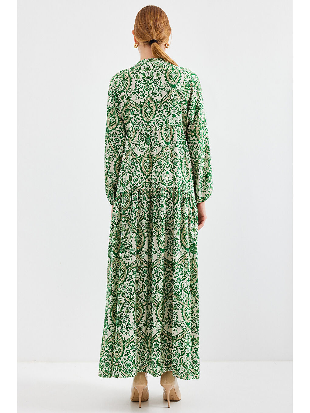 Kadın Desenli Yeşil Krem Viskon Tesettür Elbise 2423-5