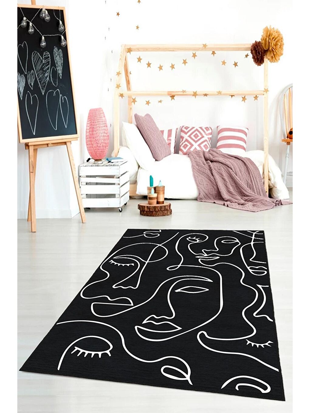 Siyah Dekoratif Özel Tasarım Yıkanabilir, Modern Halı  100 x 200 cm-2