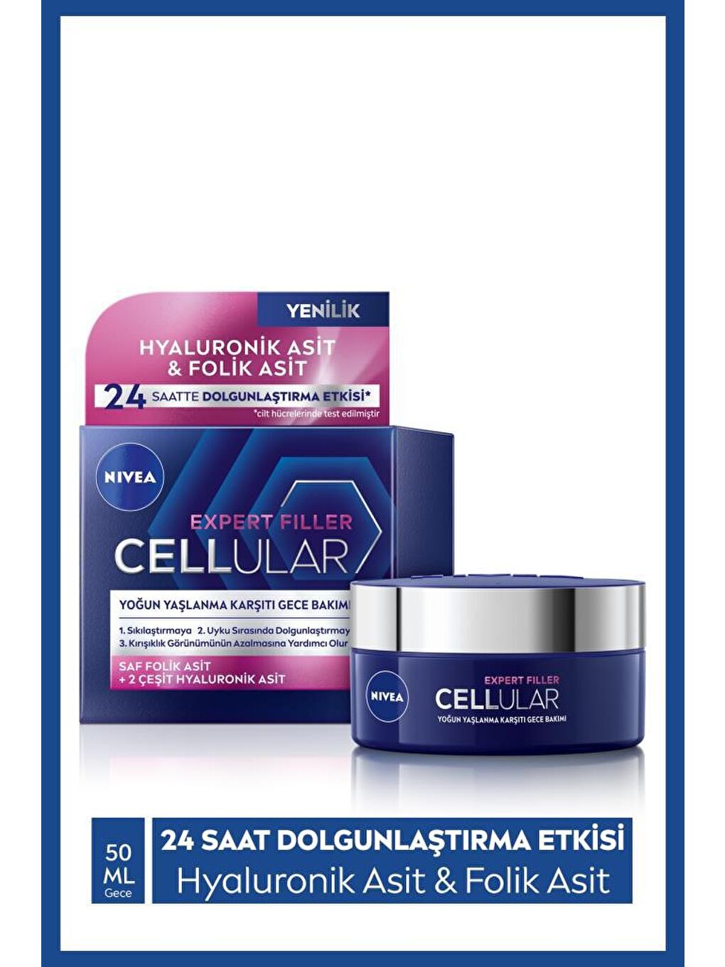 NIVEA Şeffaf Cellular Expert Filler Sıkılaştırıcı Yaşlanma Karşıtı Gece Yüz Bakım Kremi 50 ml, Hyaluronik Asit