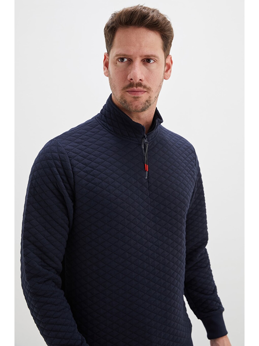 Lacivert Yarım Fermuarlı Dik Yaka Kapitone Sweatshirt-1