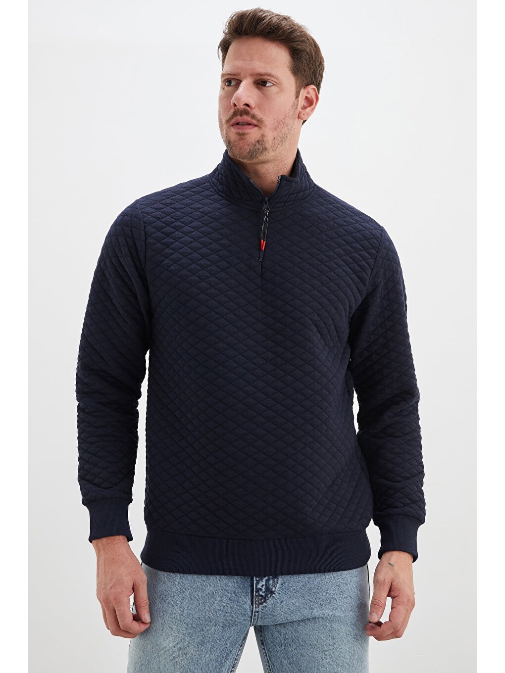 Lacivert Yarım Fermuarlı Dik Yaka Kapitone Sweatshirt-2