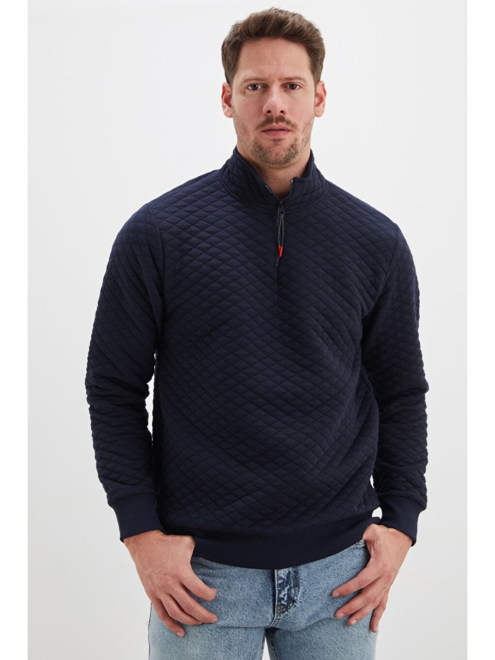 Lacivert Yarım Fermuarlı Dik Yaka Kapitone Sweatshirt-3