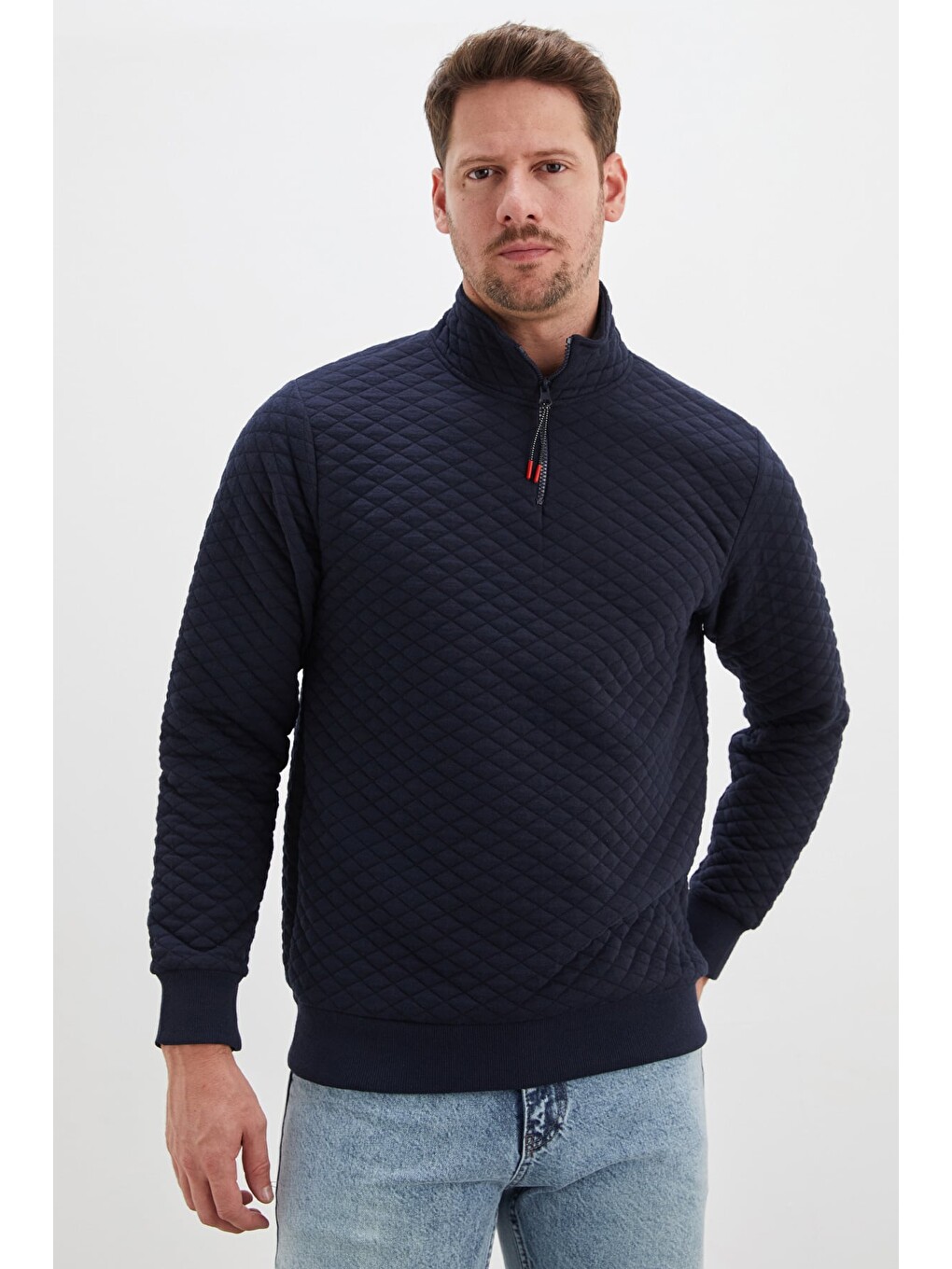 Lacivert Yarım Fermuarlı Dik Yaka Kapitone Sweatshirt-4