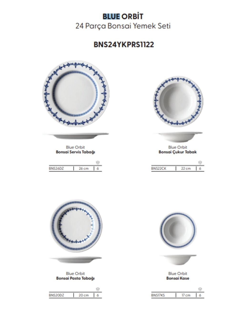 Mavi Porselen Blue Orbit Yemek Takımı 6 Kişilik 24 Parça-1