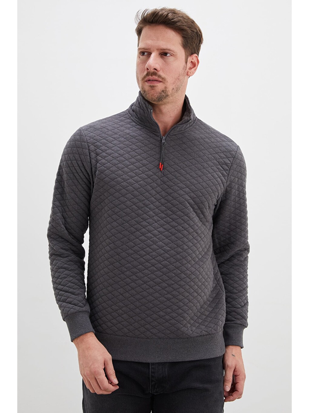 Antrasit Yarım Fermuarlı Dik Yaka Kapitone Sweatshirt
