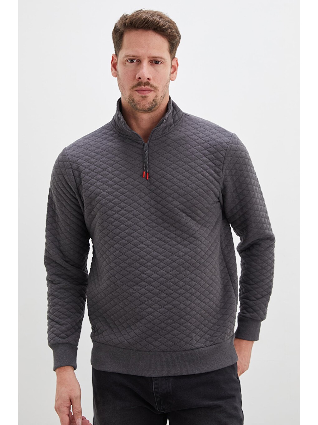 Antrasit Yarım Fermuarlı Dik Yaka Kapitone Sweatshirt-1