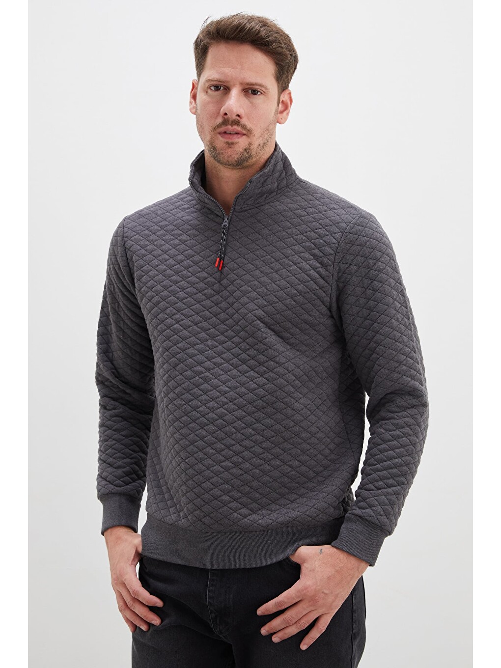 Antrasit Yarım Fermuarlı Dik Yaka Kapitone Sweatshirt-3