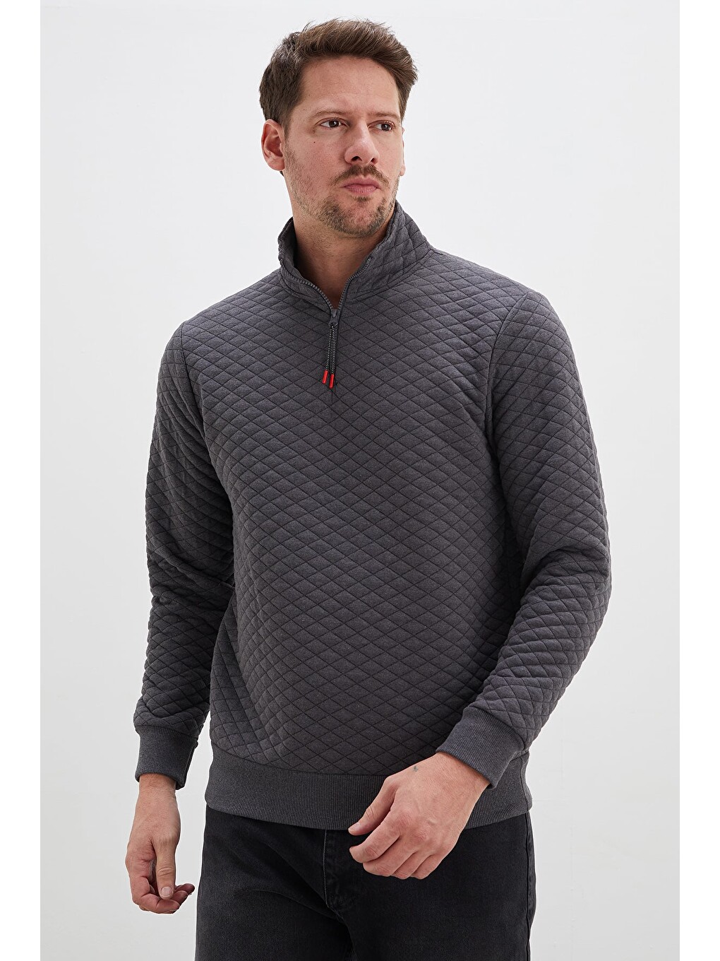 Antrasit Yarım Fermuarlı Dik Yaka Kapitone Sweatshirt-4