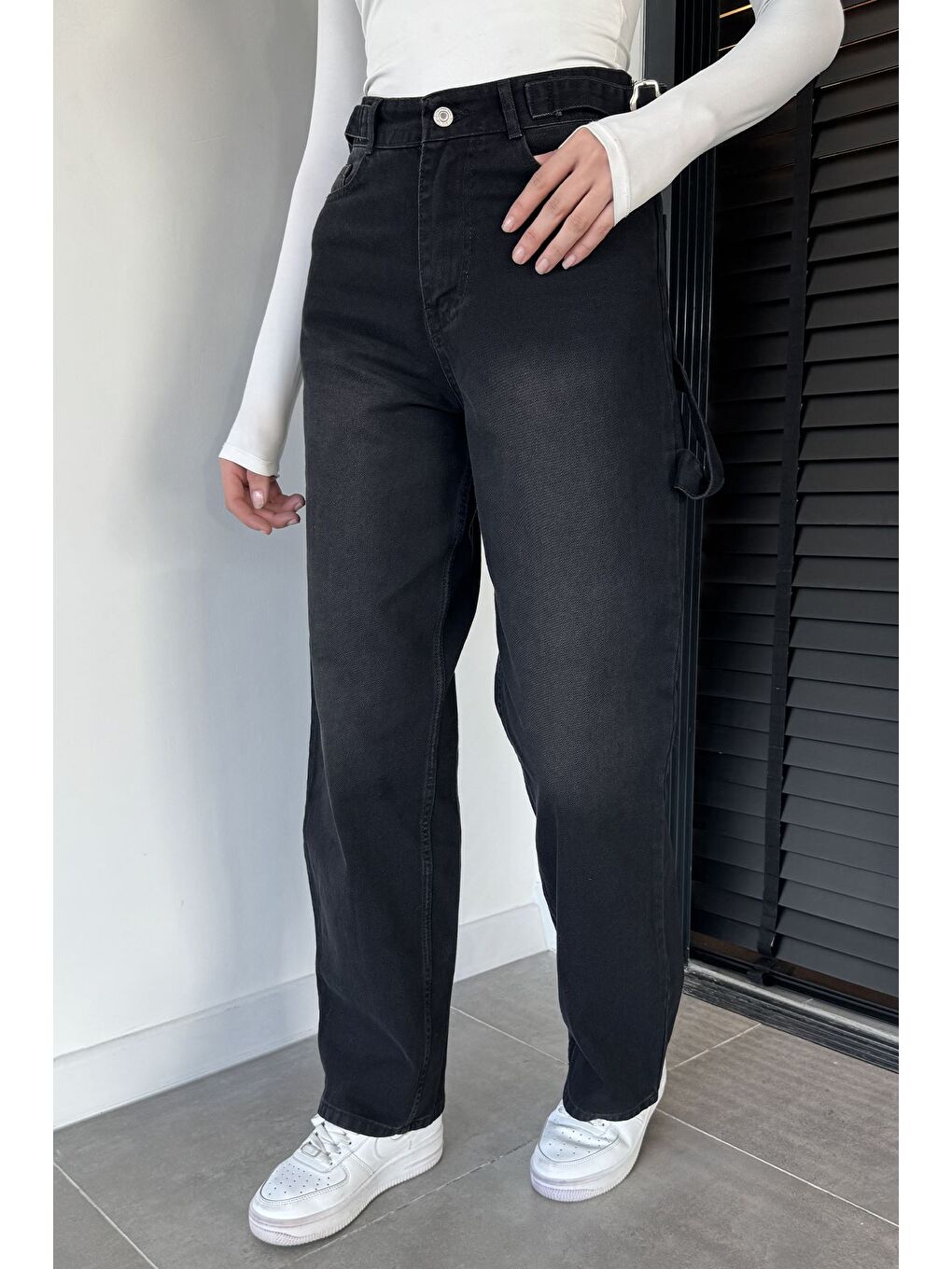 Antrasit Kadın Kemer Tokalı Yüksek Bel Jean Jean Pantolon