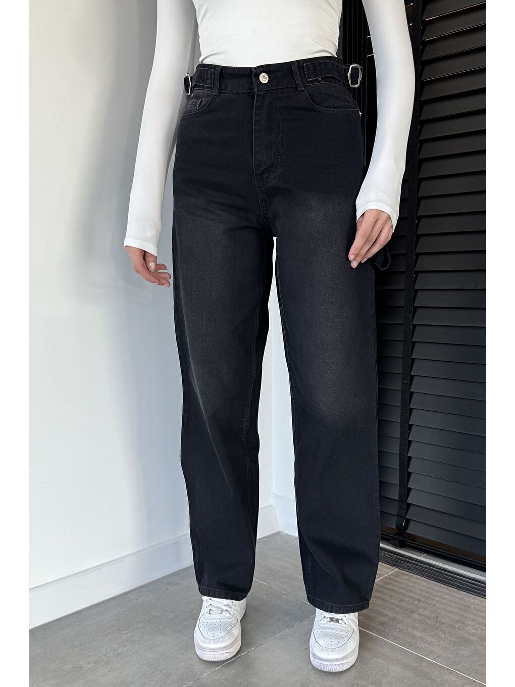 Antrasit Kadın Kemer Tokalı Yüksek Bel Jean Jean Pantolon-1