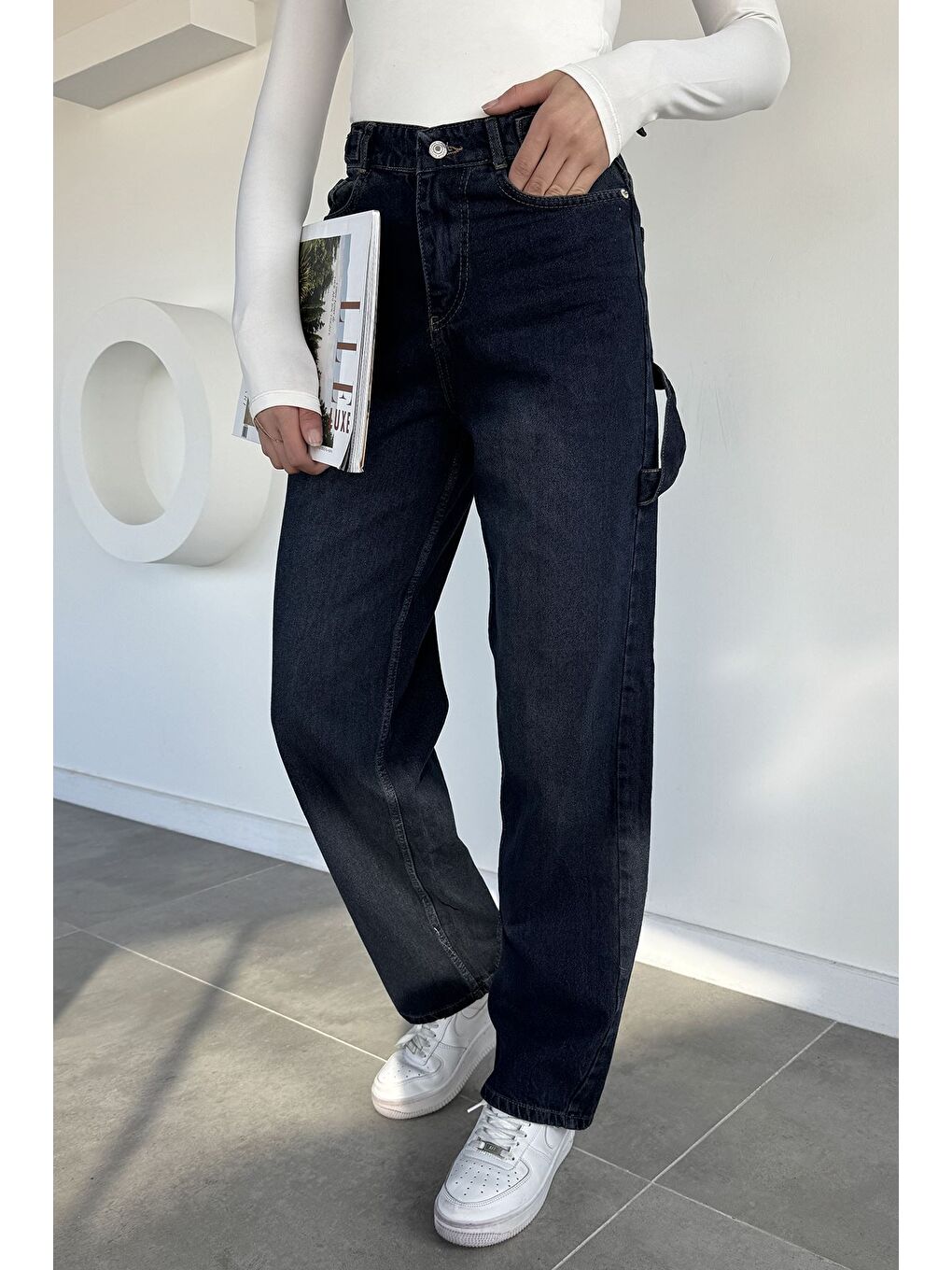 Lacivert Kadın Kemer Tokalı Yüksek Bel Jean Jean Pantolon