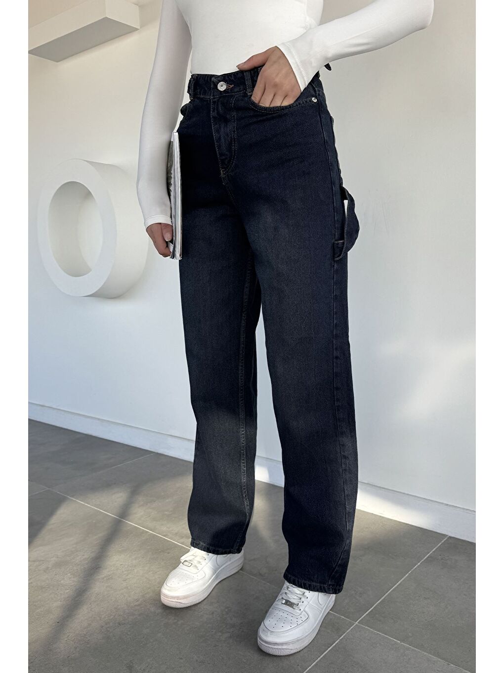 Lacivert Kadın Kemer Tokalı Yüksek Bel Jean Jean Pantolon-1