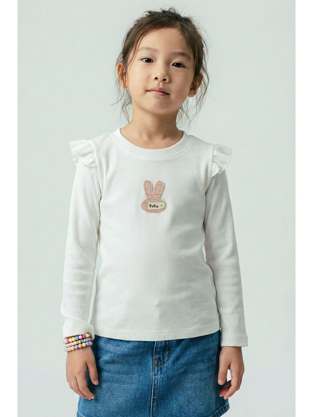 Kız Çocuk Uzun Kollu Tişört Tavşan Aplike Armalı Çiçekli Ekru (2-6 Yaş)