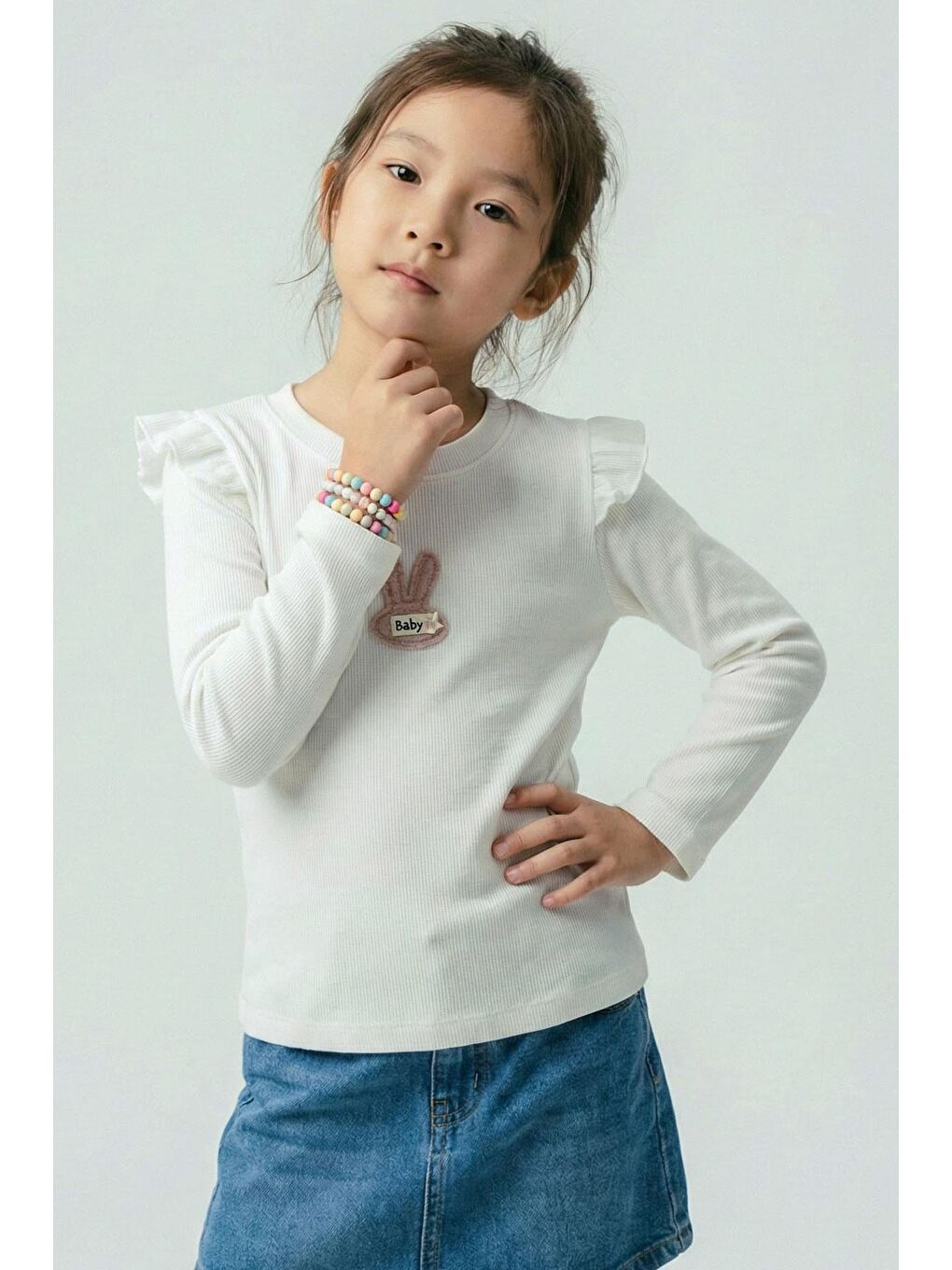 Kız Çocuk Uzun Kollu Tişört Tavşan Aplike Armalı Çiçekli Ekru (2-6 Yaş)-1