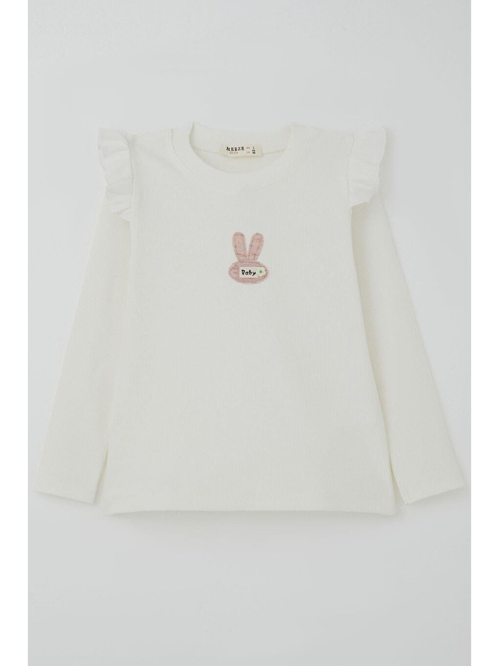 Kız Çocuk Uzun Kollu Tişört Tavşan Aplike Armalı Çiçekli Ekru (2-6 Yaş)-2