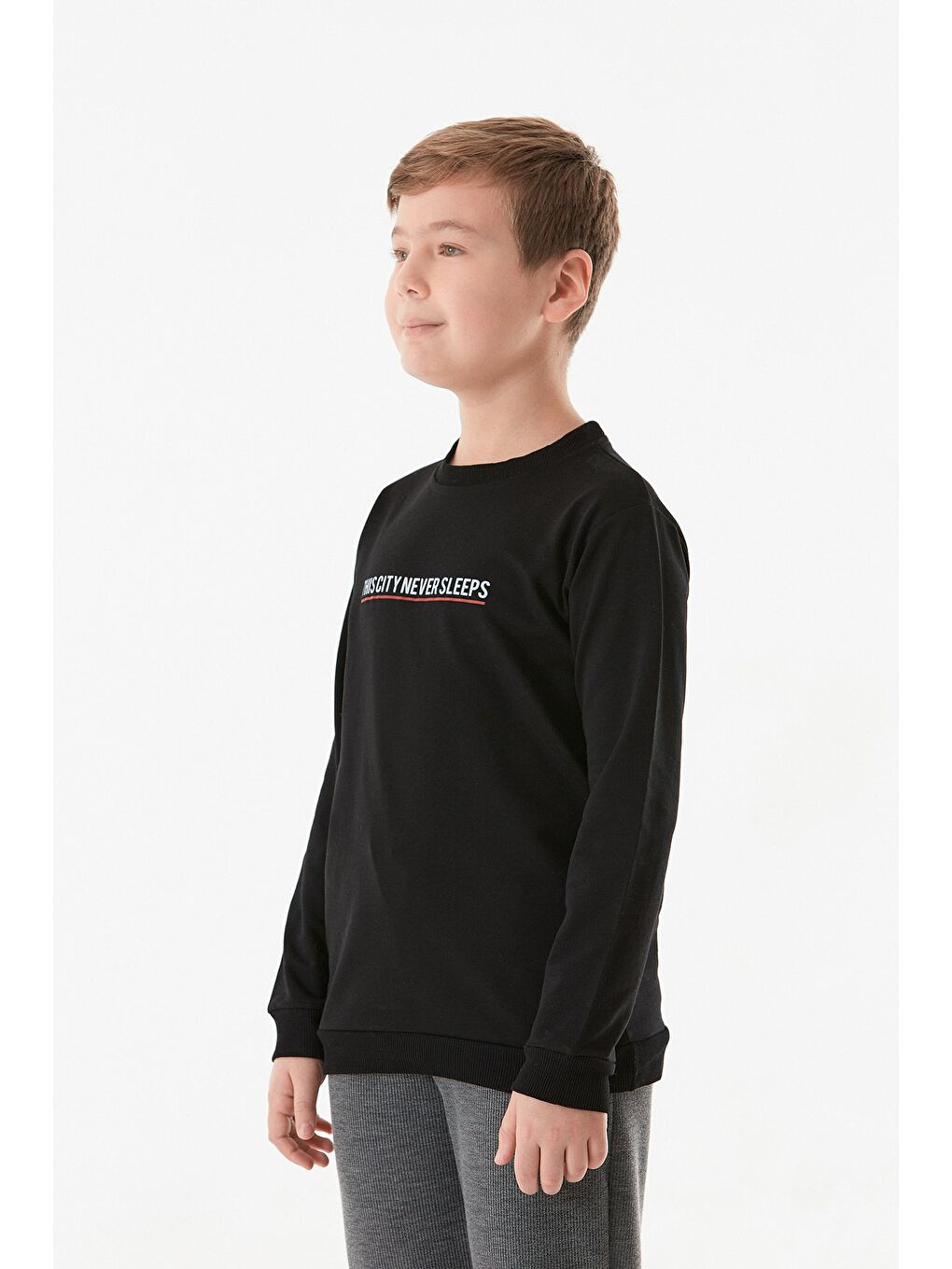 Siyah Yazı Baskılı Bisiklet Yaka Erkek Çocuk Sweatshirt-2