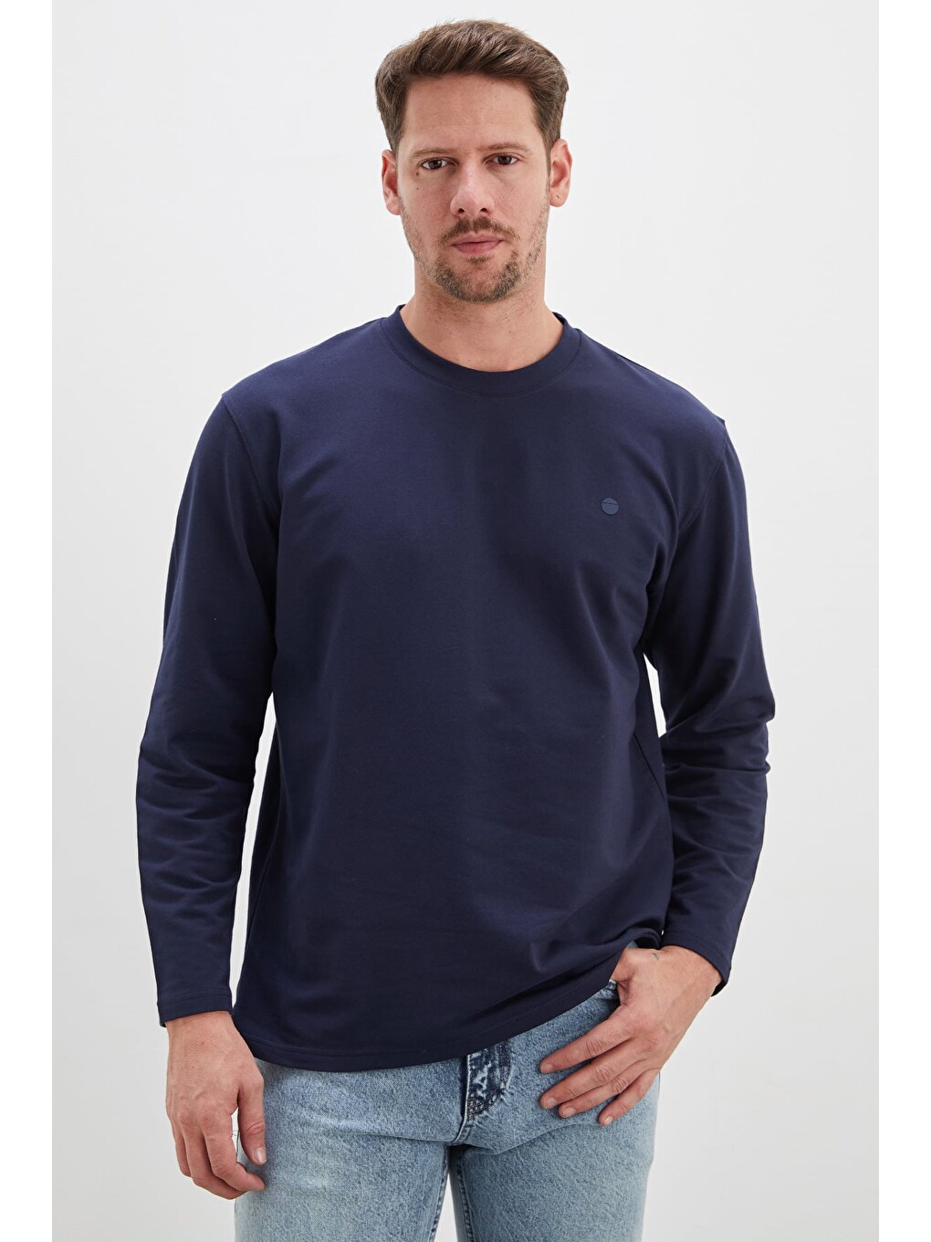 Lacivert Baskılı Bisiklet Yaka Sweatshirt