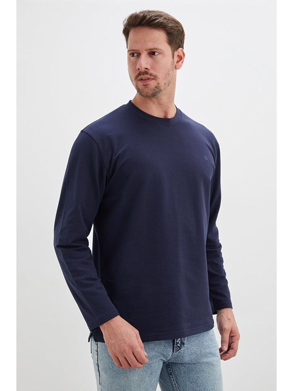 Lacivert Baskılı Bisiklet Yaka Sweatshirt-1