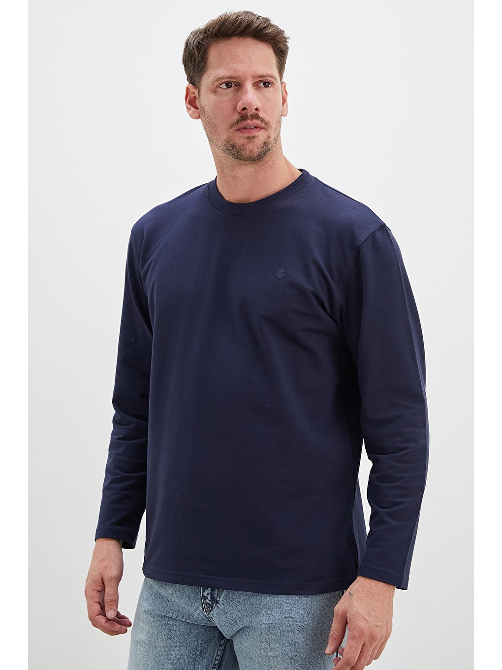 Lacivert Baskılı Bisiklet Yaka Sweatshirt-3