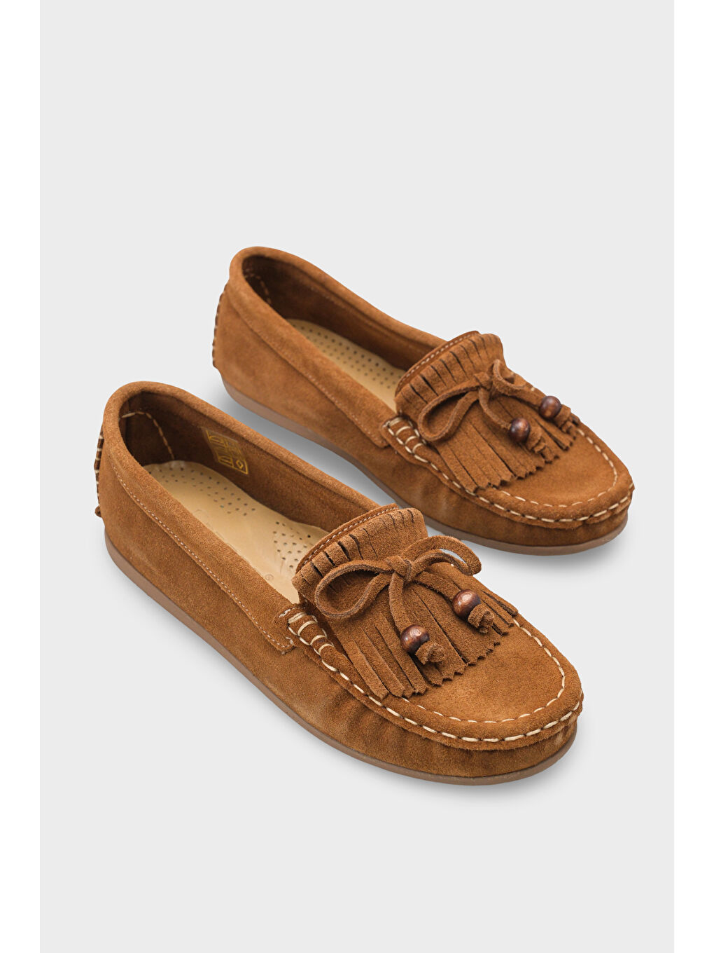 Kahverengi Almire Hakiki Deri Süet Boncuklu Püsküllü Konfor Kadın Loafer Ayakkabı-1