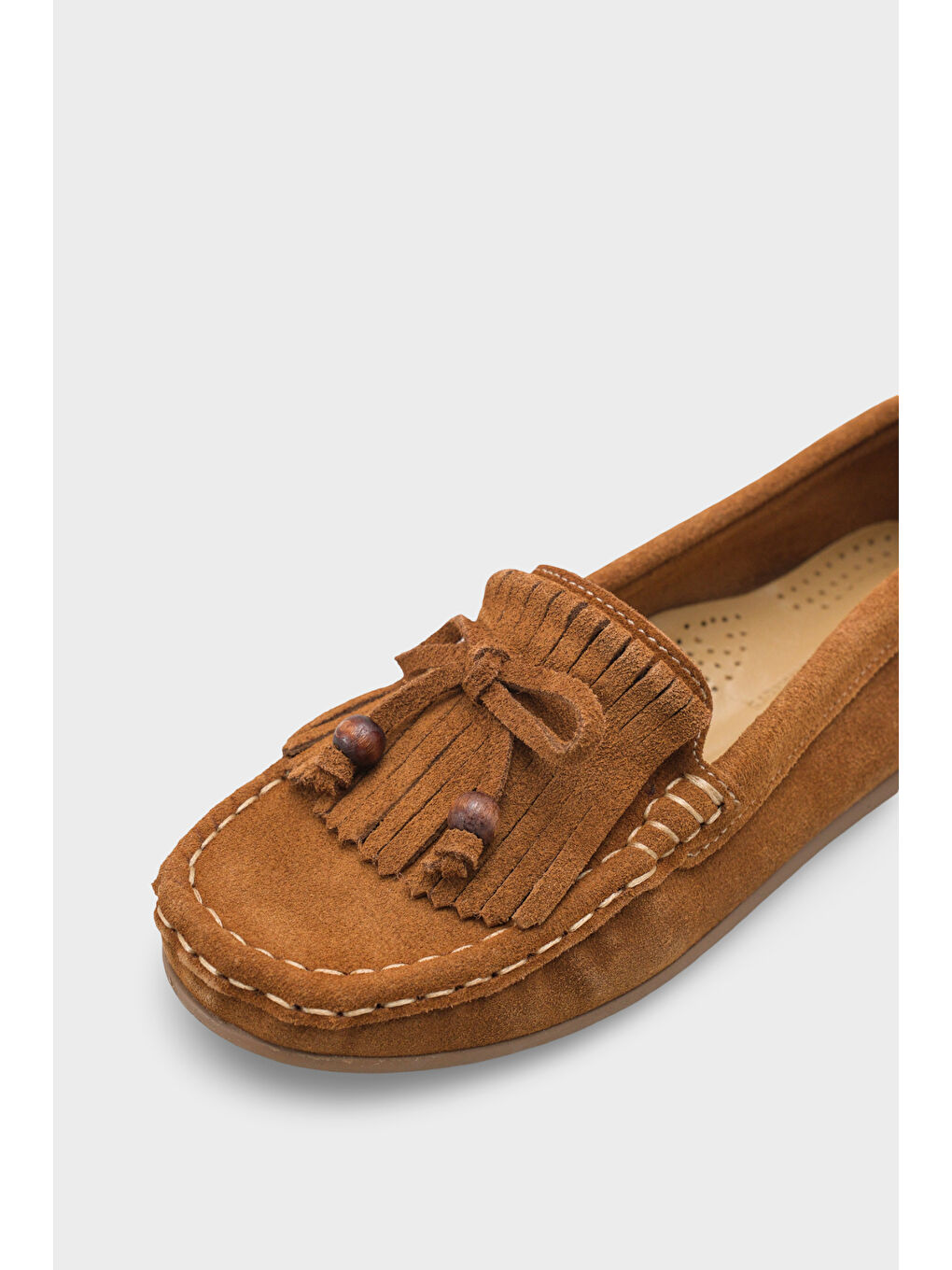 Kahverengi Almire Hakiki Deri Süet Boncuklu Püsküllü Konfor Kadın Loafer Ayakkabı-2