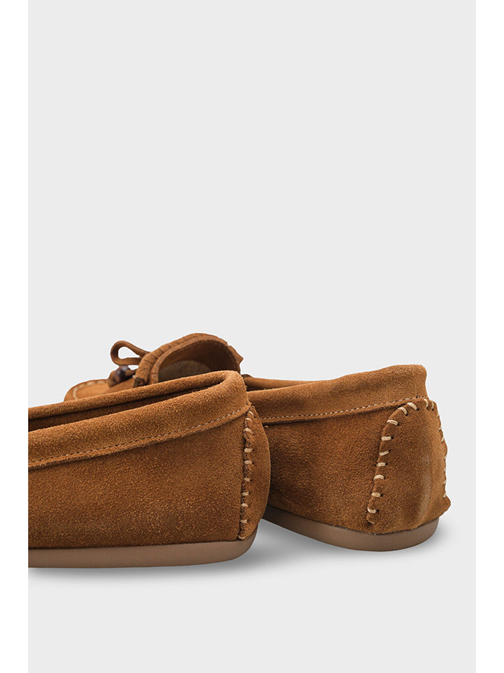 Kahverengi Almire Hakiki Deri Süet Boncuklu Püsküllü Konfor Kadın Loafer Ayakkabı-3