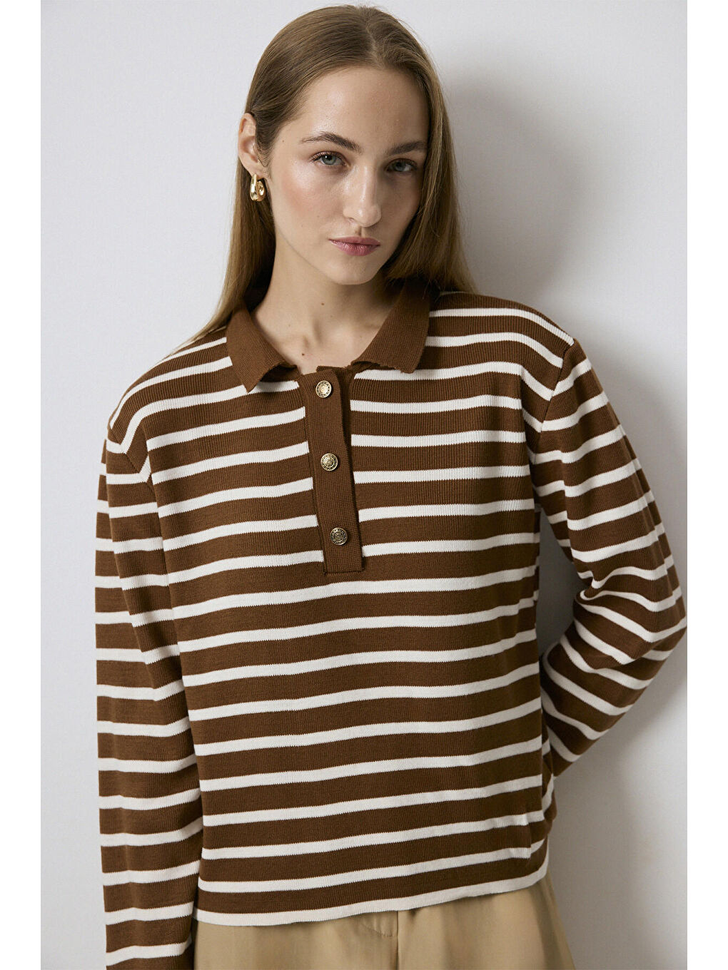 Kahverengi Polo Yaka Çizgili Kazak-1
