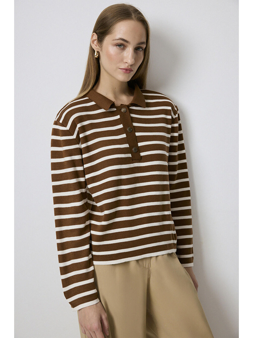 Kahverengi Polo Yaka Çizgili Kazak-2
