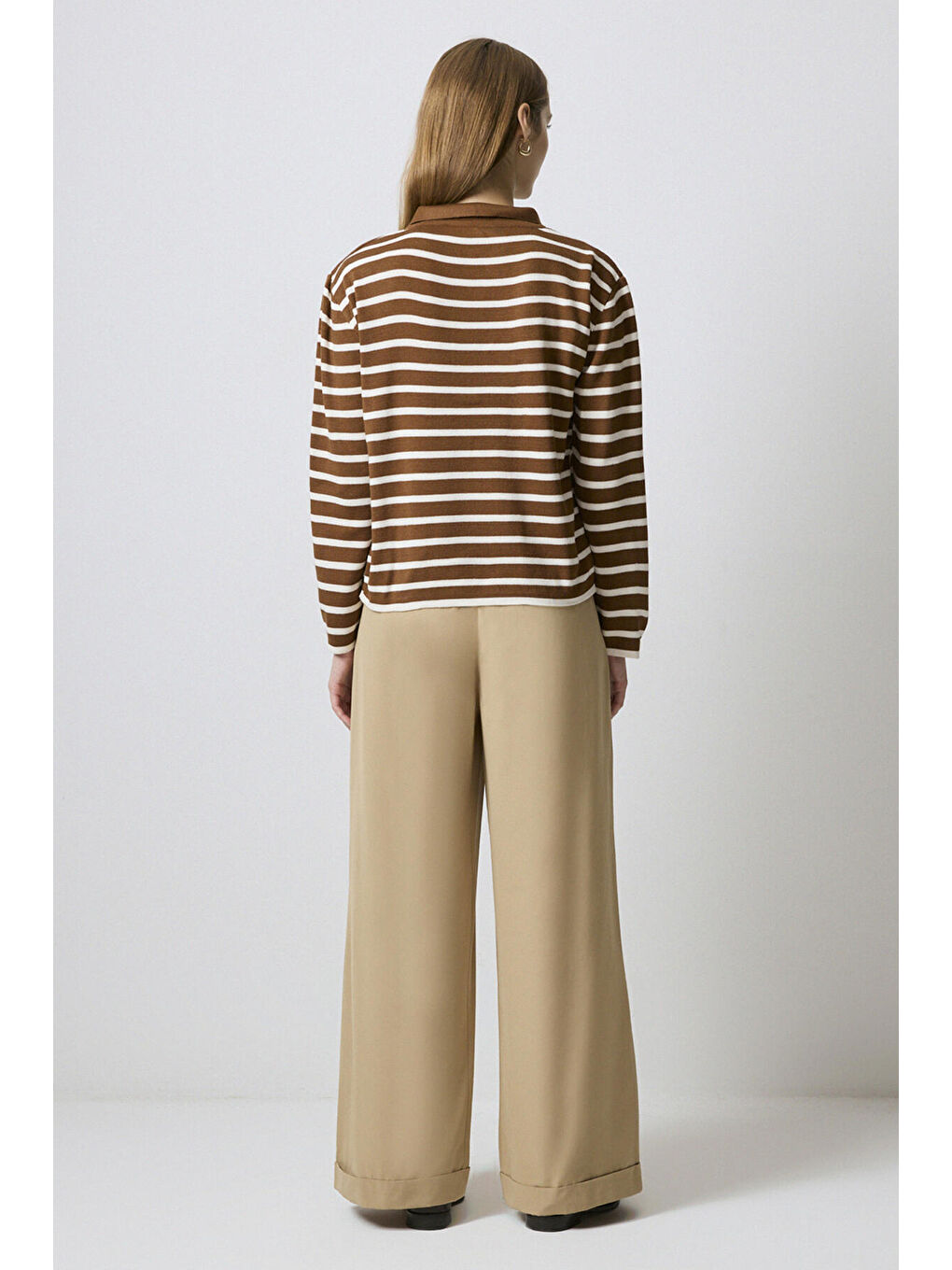 Kahverengi Polo Yaka Çizgili Kazak-3