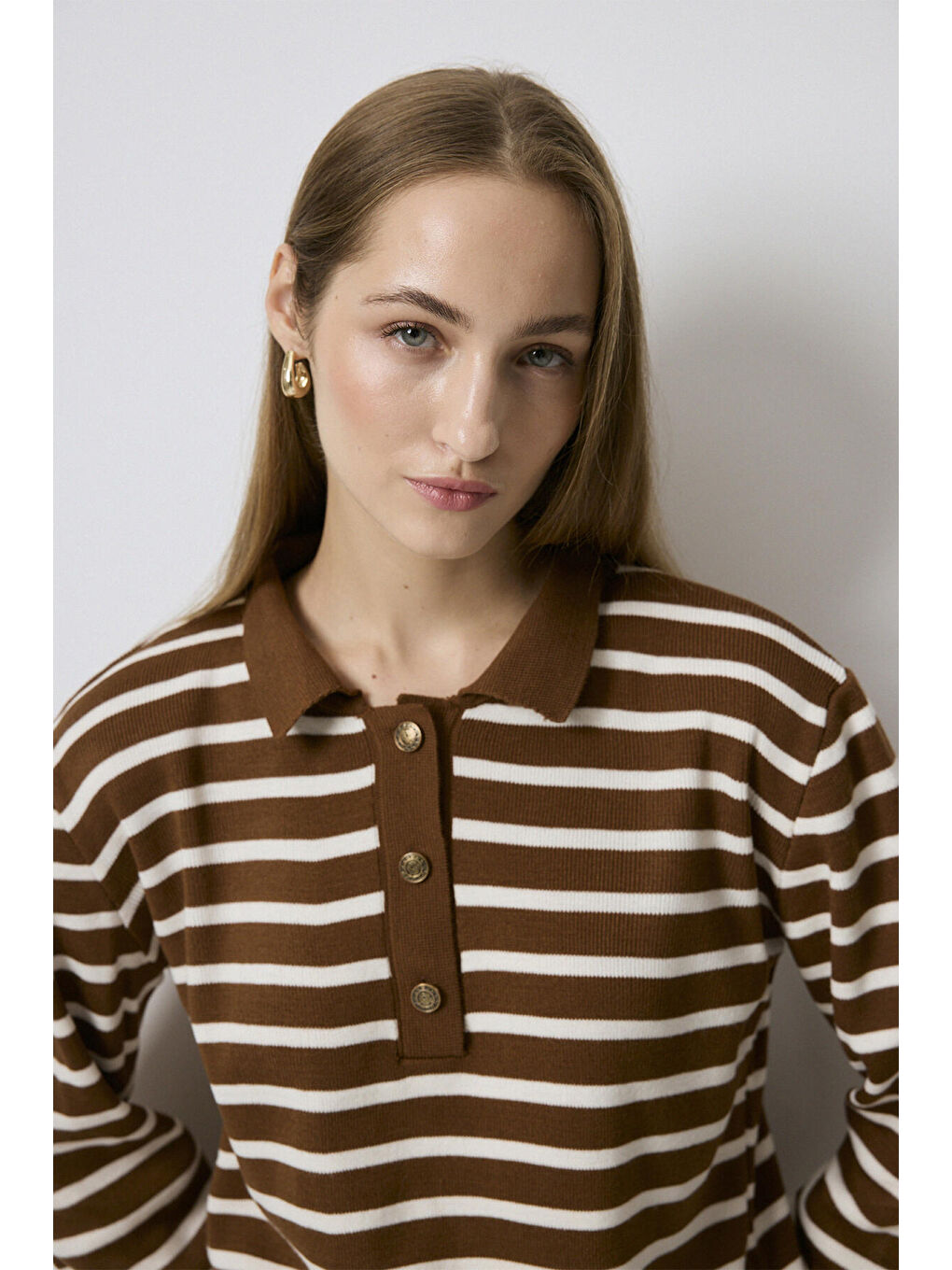 Kahverengi Polo Yaka Çizgili Kazak-4