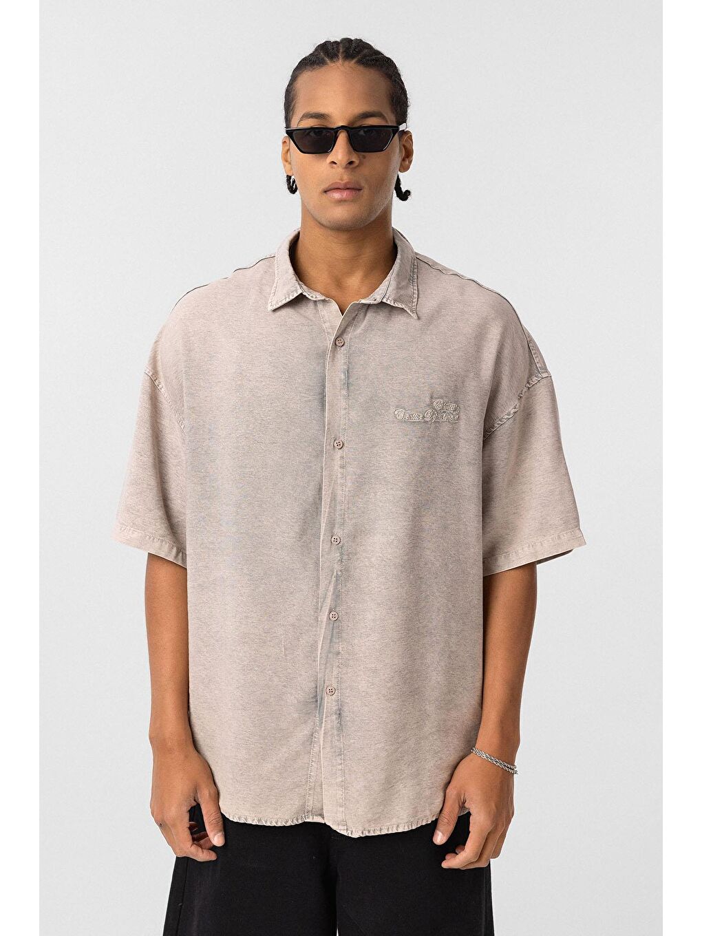 Bej Arka Baskılı Oversize Gömlek Taş-1