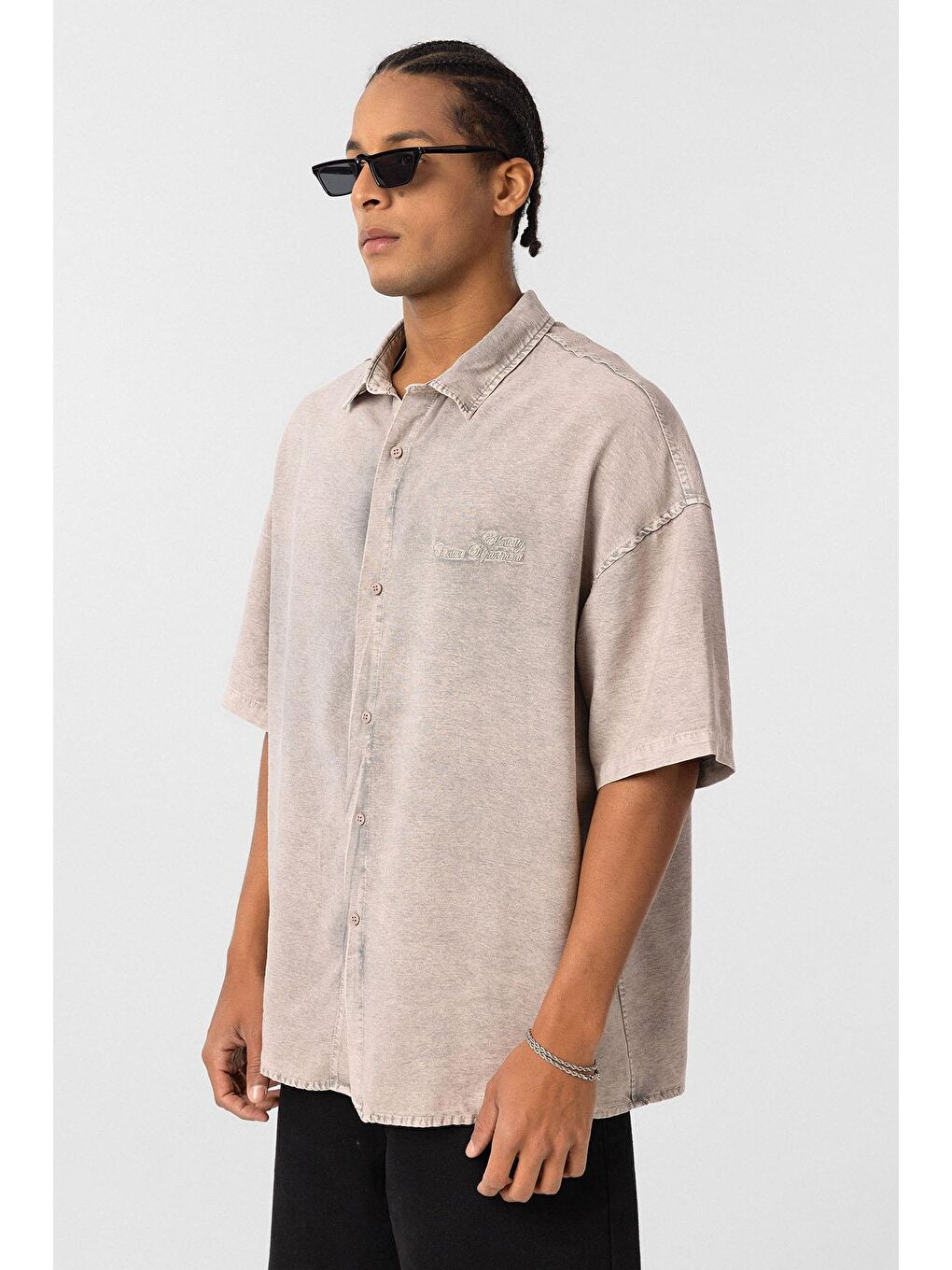 Bej Arka Baskılı Oversize Gömlek Taş-2