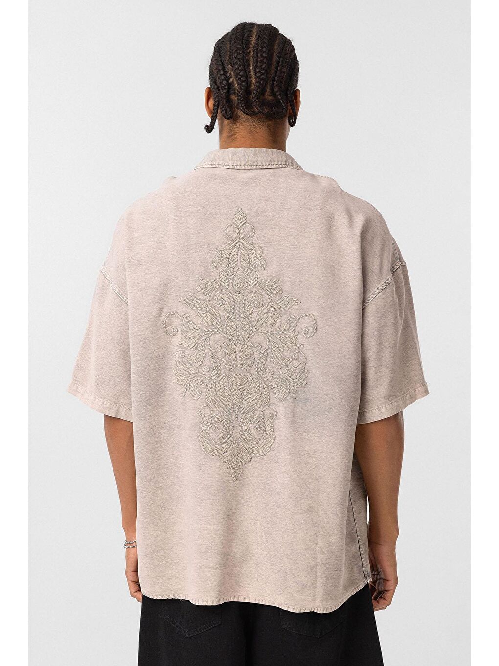 Bej Arka Baskılı Oversize Gömlek Taş-3