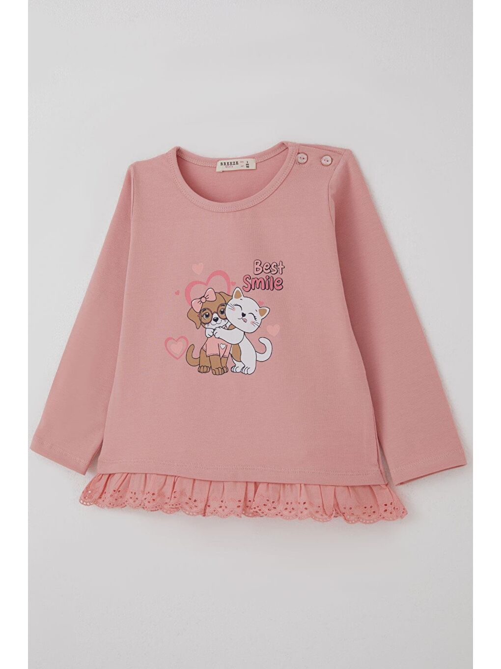 Pembe Kız Çocuk Uzun Kollu Tişört Sevimli Dostlar Güpürlü Gülkurusu (1-4 Yaş)-2