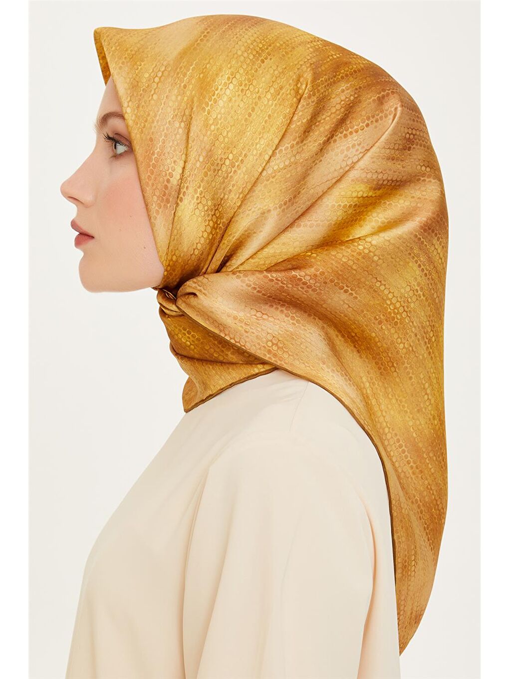 Sarı Soyut Desenli Twill Saf İpek Eşarp 9221D 33-2