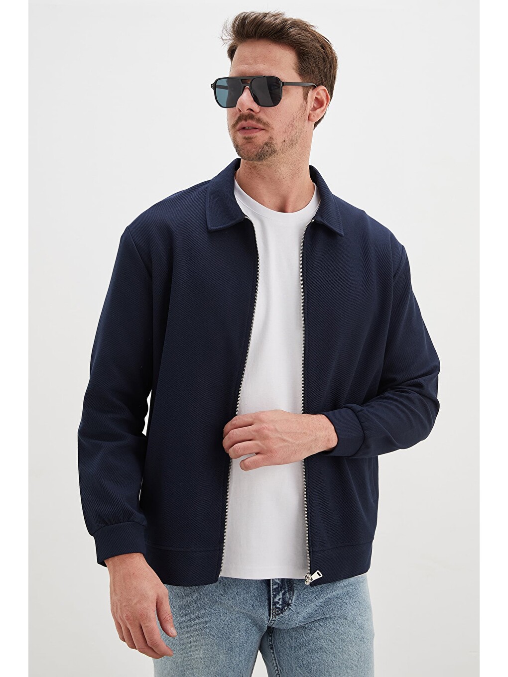 Lacivert Fermuarlı Polo Yaka Cepli Ceket-4