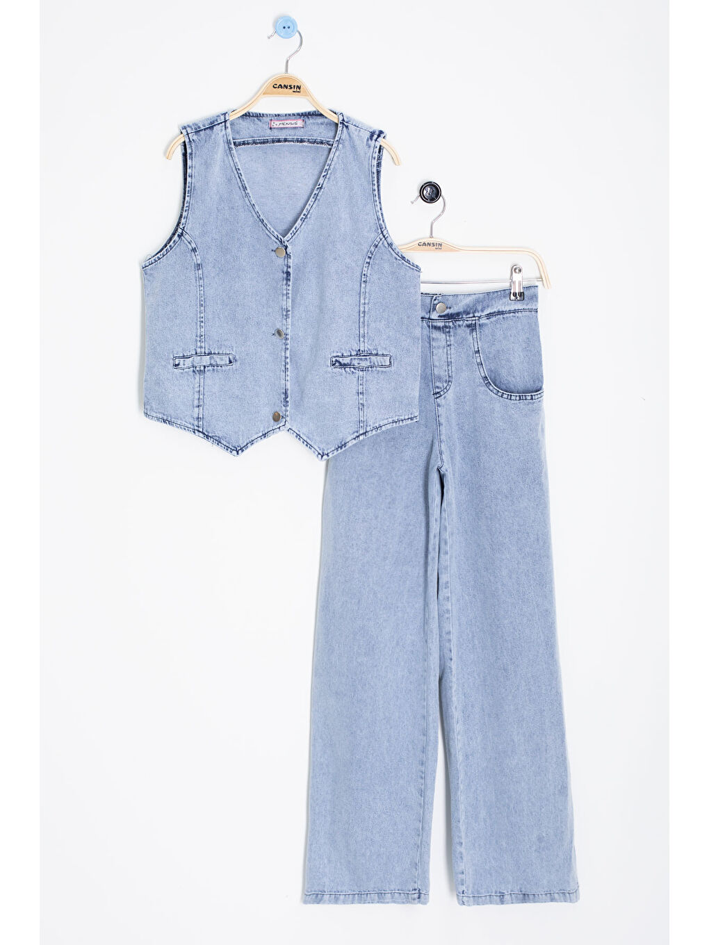 Mavi Düğmeli Jean Yelekli ve Geniş Paça Pantolonlu Kız Çocuk 2li Takım 20636-1