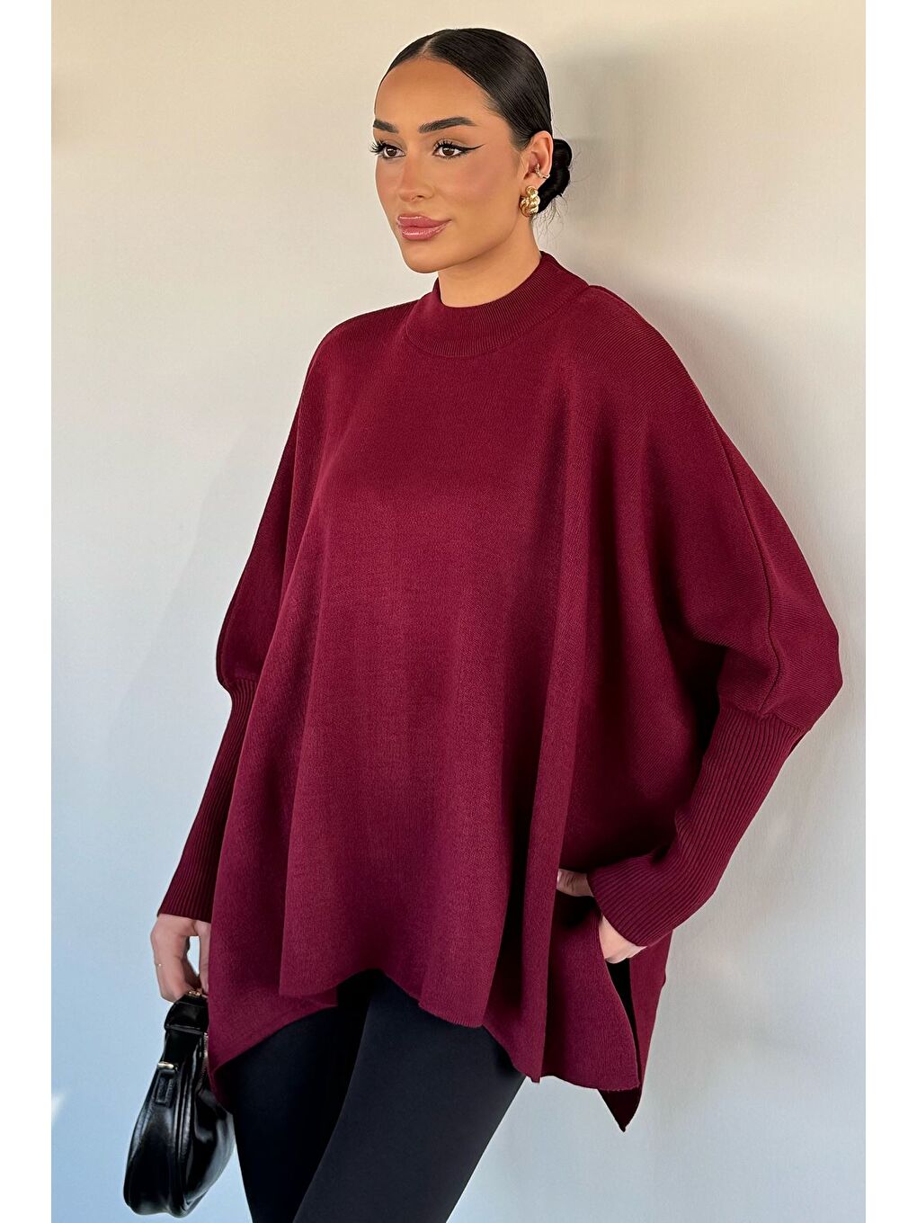 Bordo Kadın Bisiklet Yaka Düz Renk Triko Panço-1