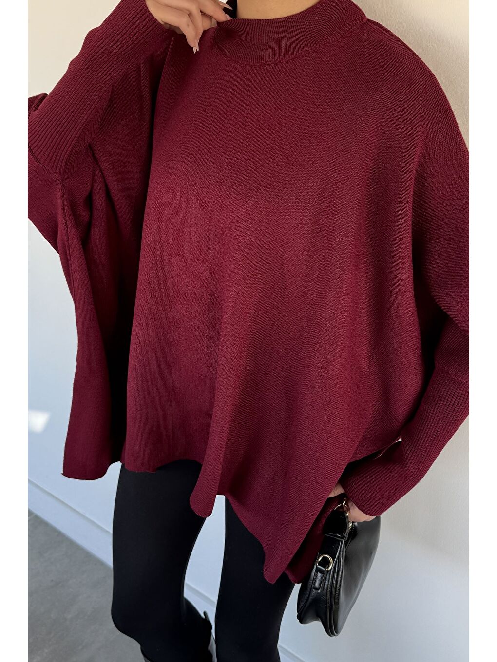 Bordo Kadın Bisiklet Yaka Düz Renk Triko Panço-2