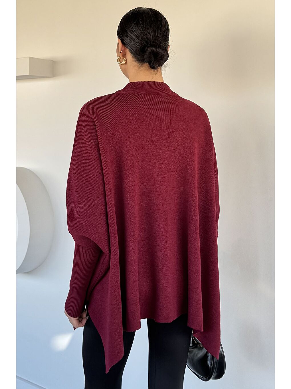 Bordo Kadın Bisiklet Yaka Düz Renk Triko Panço-3