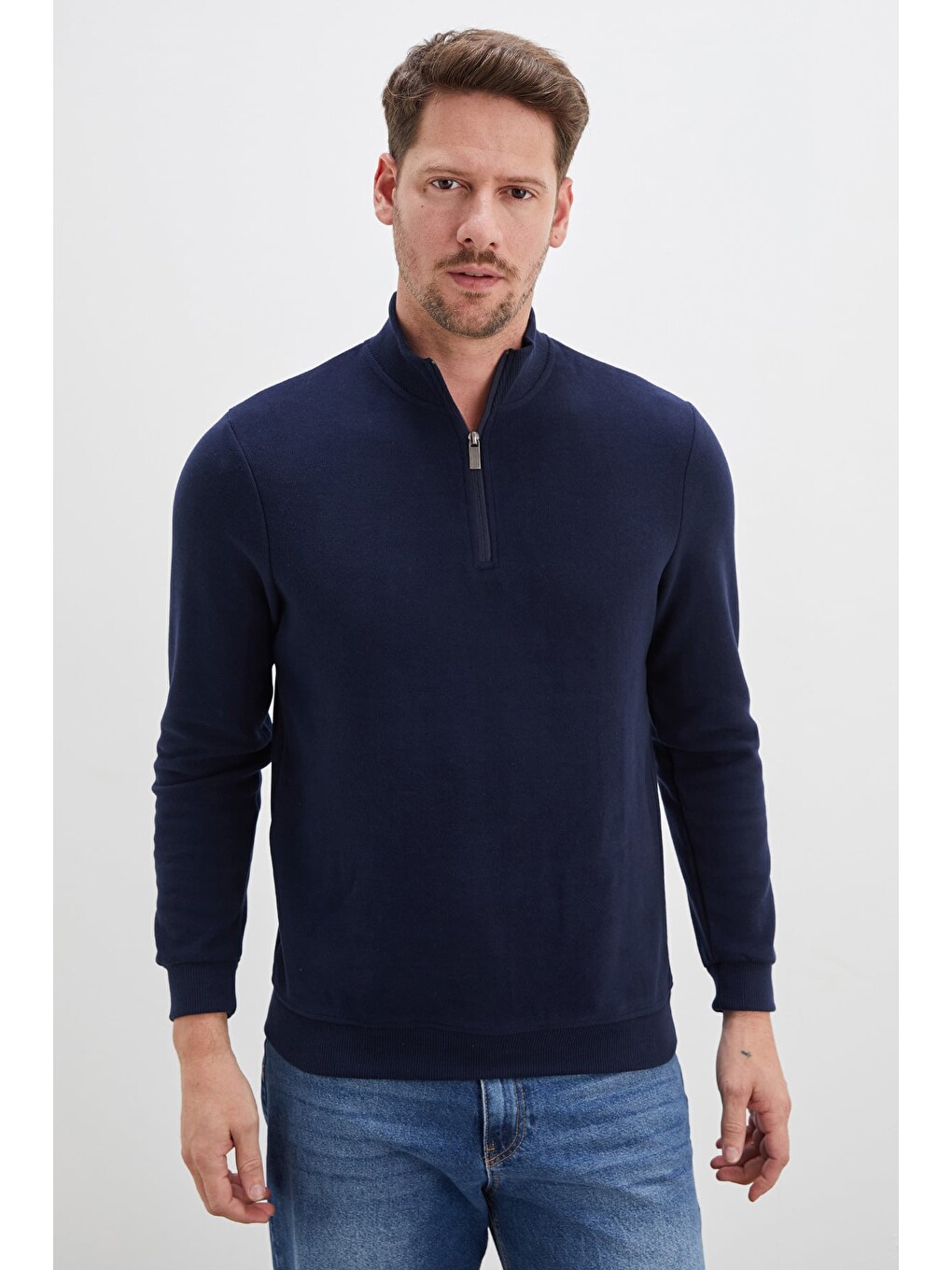 Lacivert Fitilli Dik Yaka Yarım Fermuarlı Sweatshirt-1